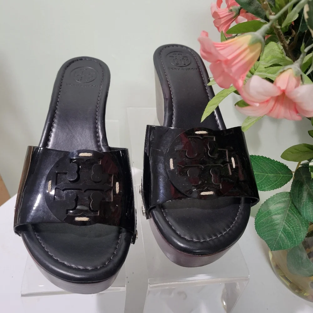 Tory Burch Patty Black Patent Wedge Slide Sandals 9 M Platform Shoes - Picture 7 of 13